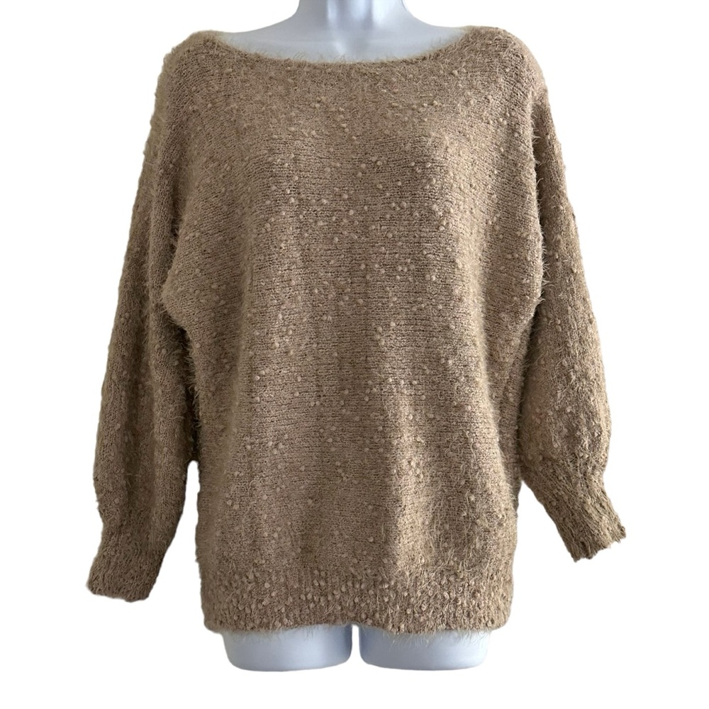 L Love Women’s Medium Knit Sweater Tan Textured Popcorn 3/4 Sleeves Boat Neck
